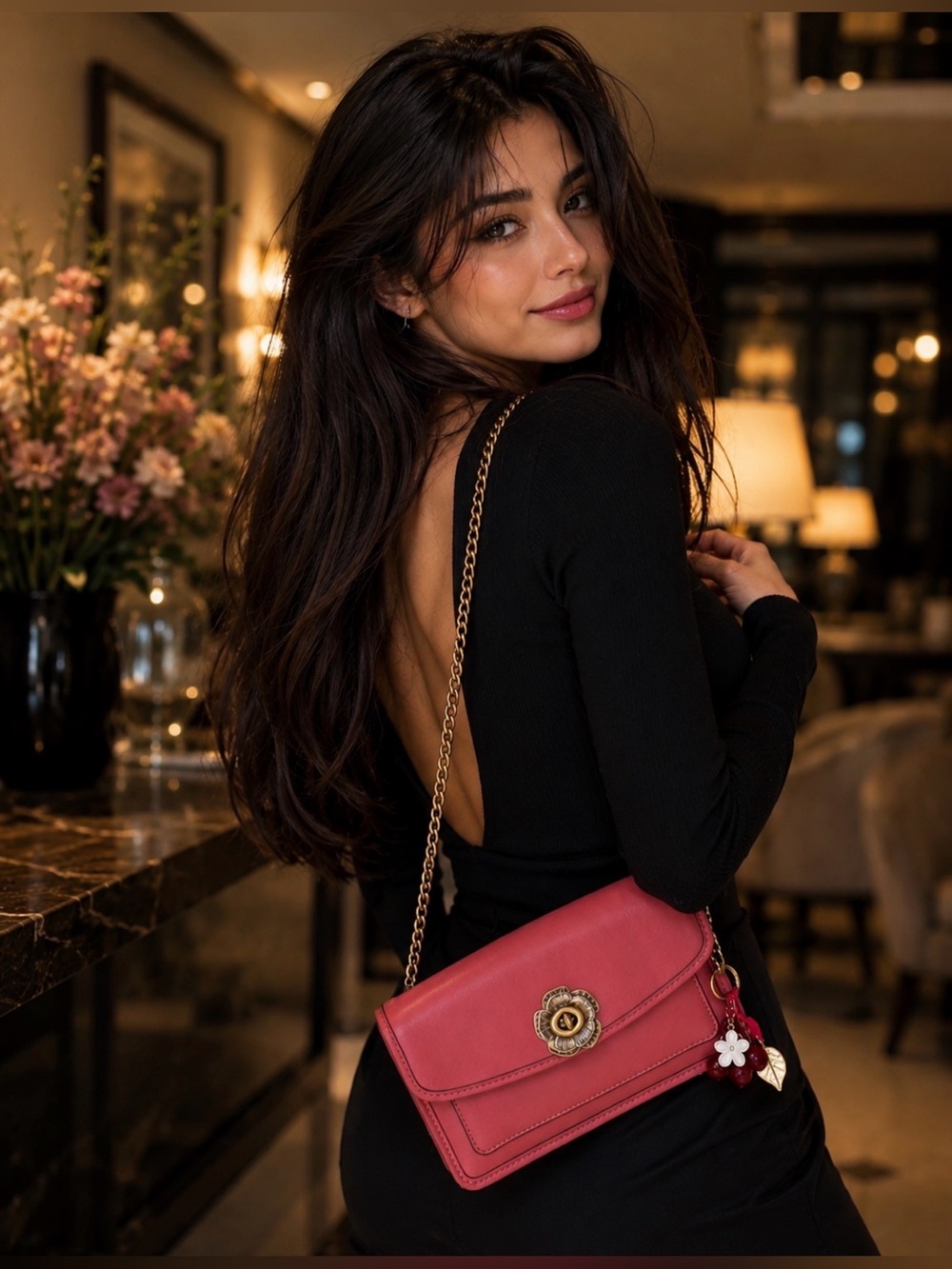 Women's Pink Leather Crossbody Bag with Gold Chain😍😍😍😍😍